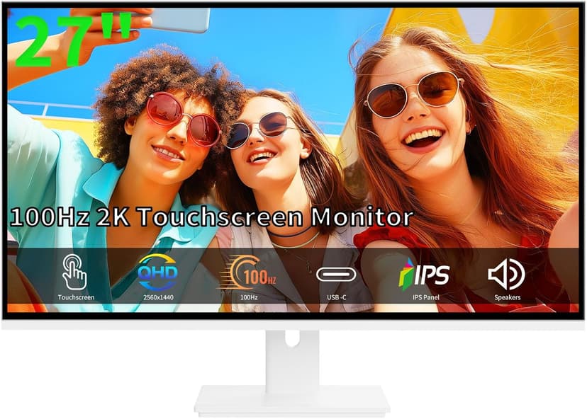 Touchscreen Monitor 2K 27 Inch IPS Gaming 100Hz, 10-Point Touch QHD 2560x1440 PC Display, HDMI VGA USBC Computer Monitor, Built-in Speakers, White