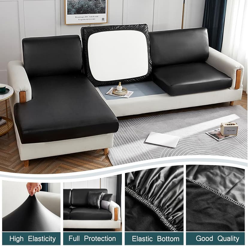 CLGTY Waterproof Couch Cushion Covers for Sofa, PU Leather L-Shaped Seat Cushion Cover Individual Separate Sectional Sofa Slipcovers Form Fitted for Cat Dog-Black-Chaise seat