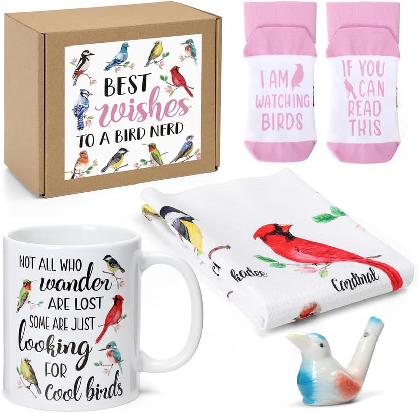 Nefelibata Bird Gifts for Women: 4-in-1 Birds Mug, Socks, Water Whistle, Kitchen Towel - Cardinal, Hummingbird, Kingfisher Birds on Branch