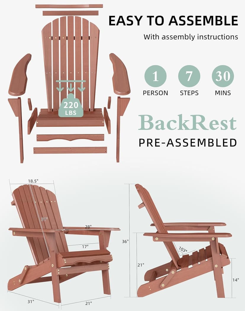 Wooden Folding Adirondack Chair Set of 4, Half Pre-Assembled Wood Lounge Chair for Outdoor Patio Garden Lawn Backyard Deck Pool Beach Firepit