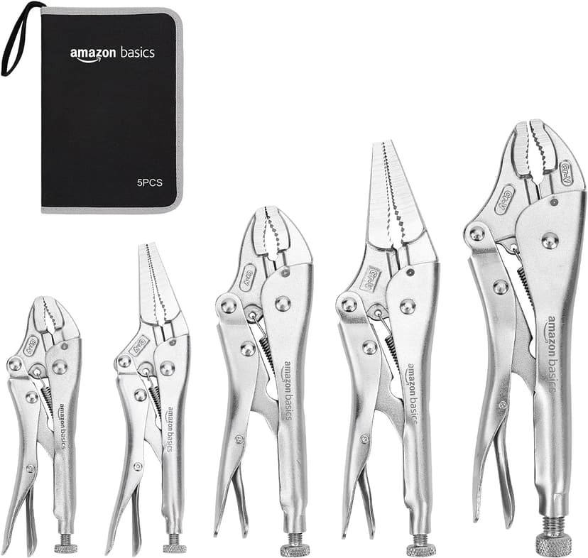 Amazon Basics 5-Piece CR-V Locking Pliers Set with Wire Cutters, 2 Straight Jaw, 3 Curved Jaw, 6.5-10 inch, Silver, Carrying Case
