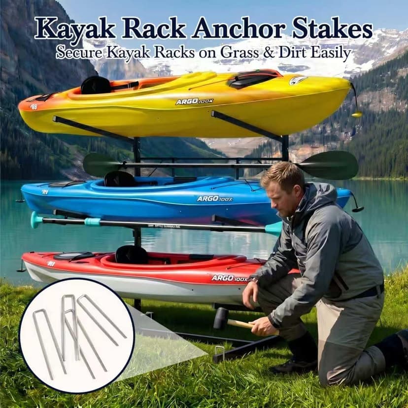 Faesun 3-Tier Kayak Storage Rack, Freestanding Kayak Rack with Paddle Hook, Adjustable Heavy Duty Kayak Stand with Ground Pegs, Storage Rack for Kayak, Canoe, Surfboard & Paddleboard