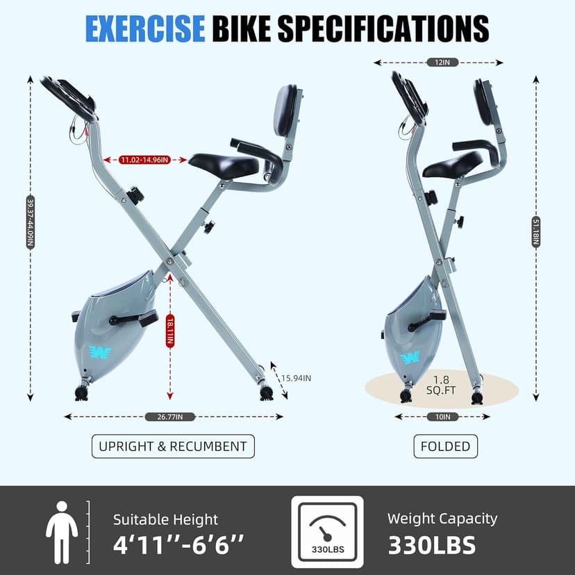 BARWING Stationary Exercise Bike for Home Workout, 5 IN 1 Foldable Indoor Cycling Bike for Seniors, 350LB Capacity, 16-Level Magnetic Resistance, Seat Backrest Adjustments