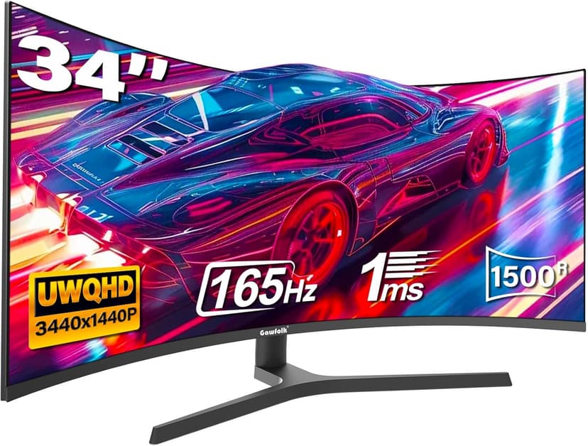 Gawfolk 34 Inch Ultrawide Curved Gaming Monitor, 1500R PC Screen UWQHD 3440x1440, 165hz Curved Computer Screen with FreeSync, Multi-Directional Adjustable Base