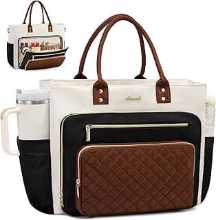 LOVEVOOK Teacher Tote Bag for Women Work, Laptop Bag With Large Cup Holder, Nurse Bags Professional Briefcase Business Computer Purses Bible Handbag Gifts, Black-Beige-Brown, 15.6 Inch B0DTDWKCCF