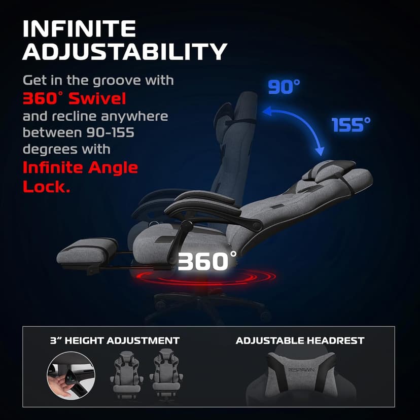 Respawn 110 Pro Ergonomic Gaming Chair with Footrest for Adults - Comfortable Office Gaming Recliner with Lumbar Support and Headrest, Racing Style Video Game Chairs for Computer Gamer - Gray Fabric