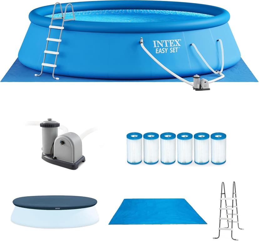 Intex Easy Set 18 Foot by 48 Inch Round Inflatable Above Ground Swimming Pool with Filter Pump, Ladder, Pool Cover, and 6 Pack Filter Cartridges, Blue