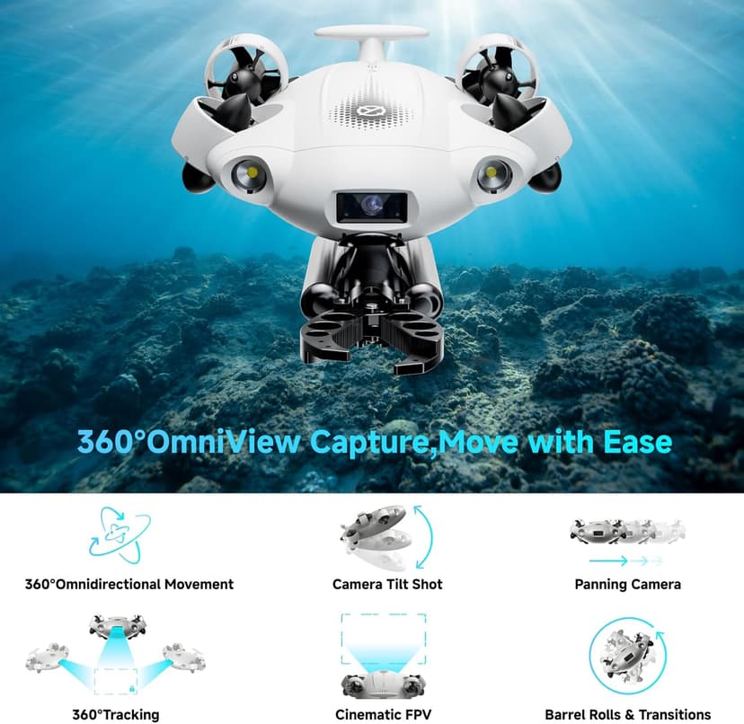 【2025 New】FIFISH V-EVO 4K60FPS Underwater Drone with Robotic Arm, with Removable SD Card, QYSEA AI Vision Lock 360° Omnidirectional Movement Underwater ROV with Depth Hold,330ft Dive