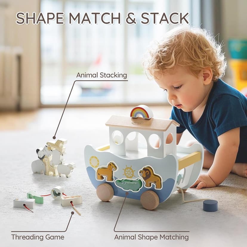 Neutral Color, Montessori Educational Toy, Animal Shape Sorter, Christian Toys for Toddler 1-3, Christmas Birthday Gift Joyreal Wooden Noah's Ark Toy for 1 Year Old Baby Boy and Girl Baptism Gift B0F3XF1SH8