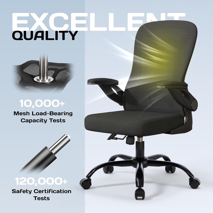 Ergonomic Office Chair, 300 lbs Heavy Duty Mesh Computer Chair with Adjustable Lumbar Support, 90° Flip-up Arms Space Saving Desk Chair, Mid Back Breathable Task Chair for Home Office, Black