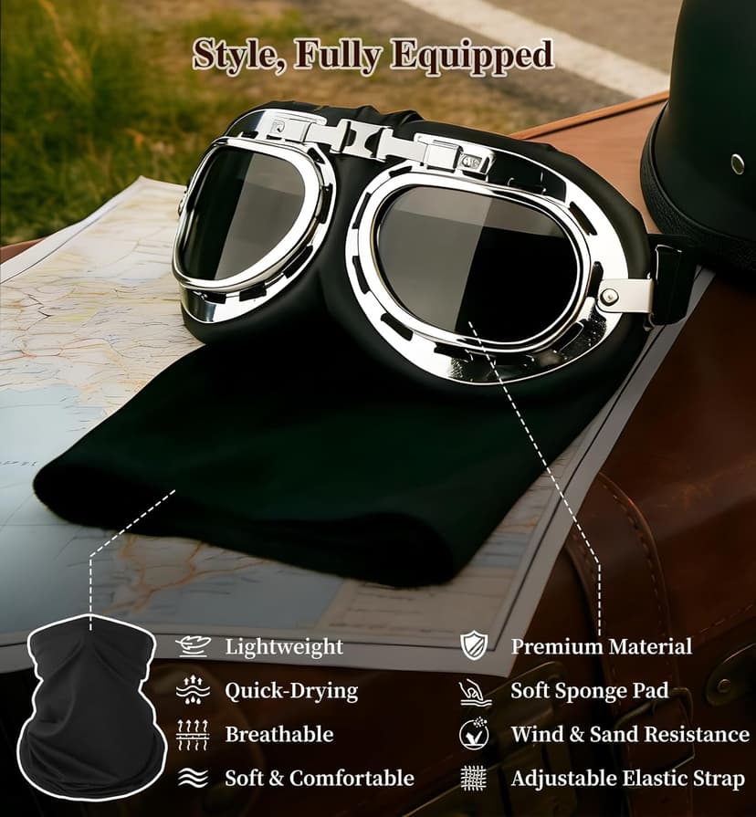 German Style Motorcycle Helmet DOT Approved with Goggles & Mask - Retro Half Helmet with Quick Release Buckle for Motorcycle Motorbike Cruiser, Scooter, Chopper (Adult Men & Women)