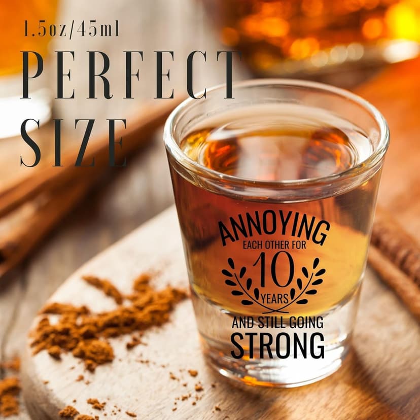 Onebttl Anniversary Cups for Couples, 10 Years Anniversary Funny Gifts for Boyfriend Girlfriend, 1.5 oz (45 ml) Shot Glasses Set of 2 - Annoying Each Other But Still Strong, Transparent