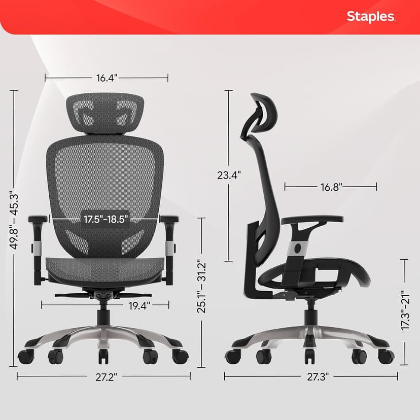 STAPLES Ergonomic Task Chair, Mesh, Ergonomic, Lumbar Support, Swivel, Gray