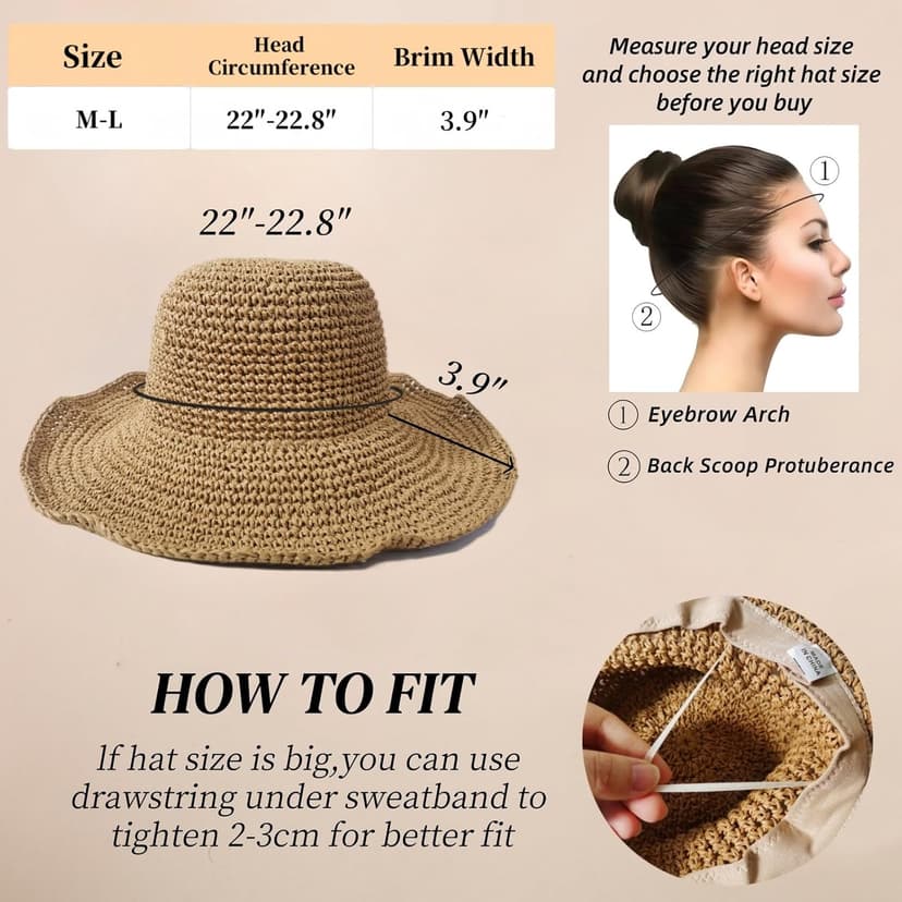 Askljeby Floppy Big Beach Straw Hats for Women Foldable Summer Wide Brim Packable Sun Hat Womens Travel Straw Fedora Hat