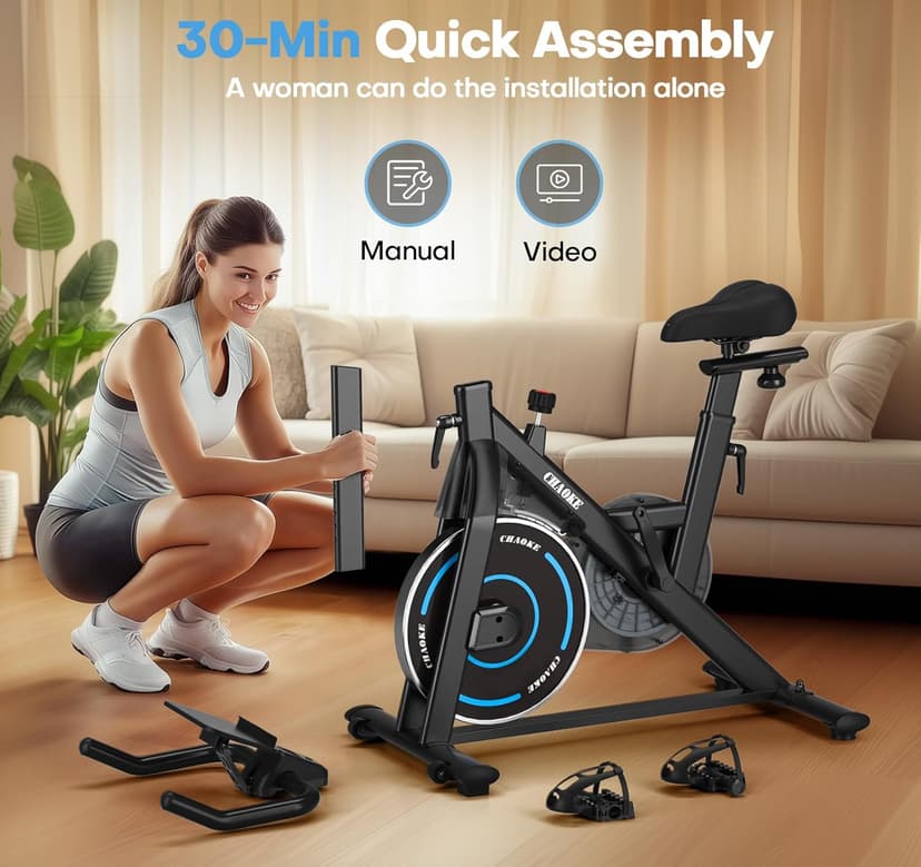 CHAOKE Exercise Bike, Quiet Adjustable Magnetic Stationary Bike for Home Cardio with App Compatible, 350LB Weight Capacity Indoor Cycling Bike with Large Seat, Dumbbell Rack, Pull Cords & LCD Display