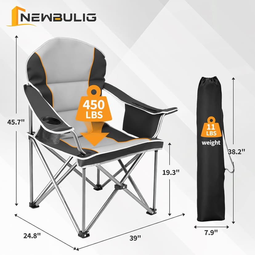 NEWBULIG Oversized Folding Camping Chair for Adults, Portable Outdoor Collapsible Chairs, 500 LBS Heavy Duty Support, with Cup Holders, for Lawn, Fishing, Hiking, Black