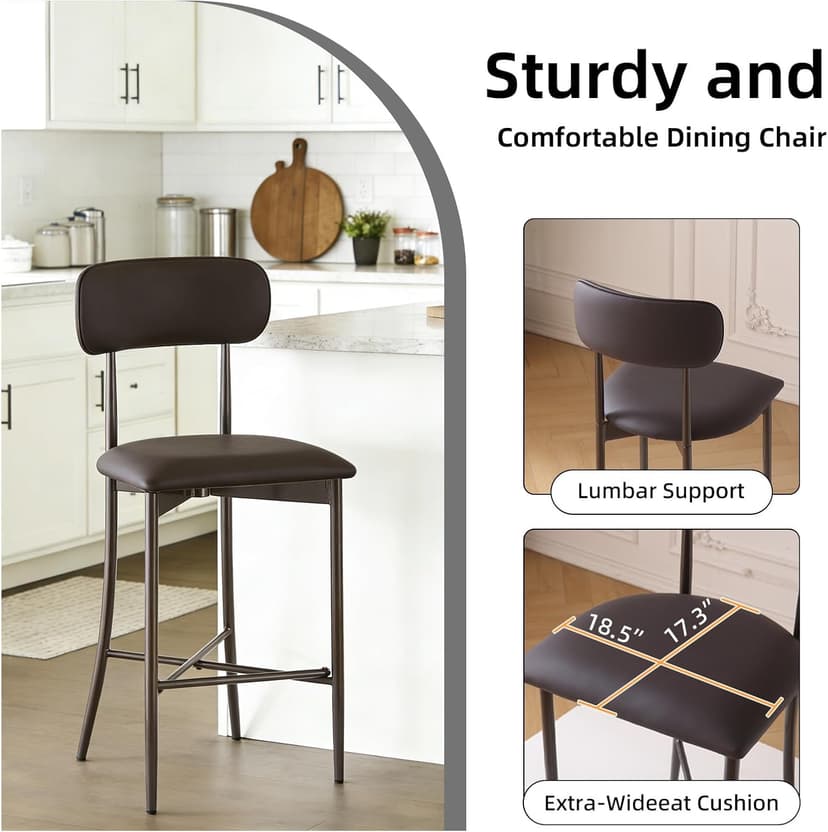 26.3 Inch Counter Height Bar Stools, Modern Counte Stools with Backrest,Counter Height Chairs with Leather Seat, Sturdy Frame and Footrests for Kitchen Island, Dining Room, Counter,Dark Gray