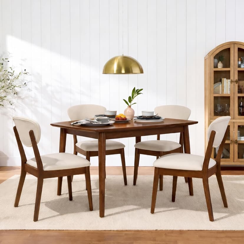 Best Choice Products Wooden Dining Chairs, Wood Mid-Century Modern Upholstered Side Chairs, Farmhouse Cushioned Dining Chairs Set of 4 for Dining Room - Walnut/Cream