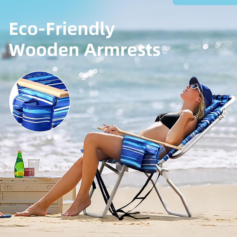 Tall Beach Chairs for Adults, 17" High Backpack Beach Chair with Wooden Armrests, 5 Positions Reclining Heavy Duty Chair with Large Cooler Pouch, Support to 350LBS Striped Blue,1pack