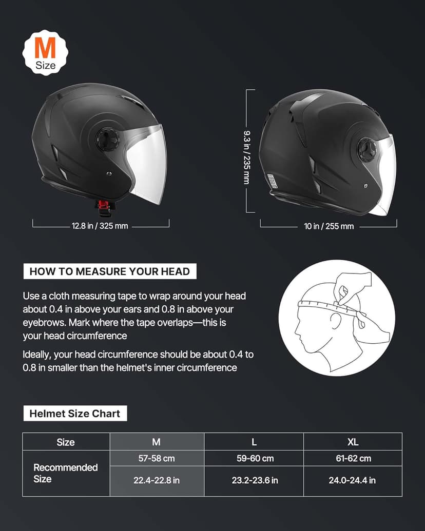 VEVOR Motorcycle Helmet, 3/4 Open Face, Adult Motocross Dirt Bike Helmet with Clear Visor, Comfortable Motorbike Racing Street with Detachable Liner for Men & Women, DOT Approved