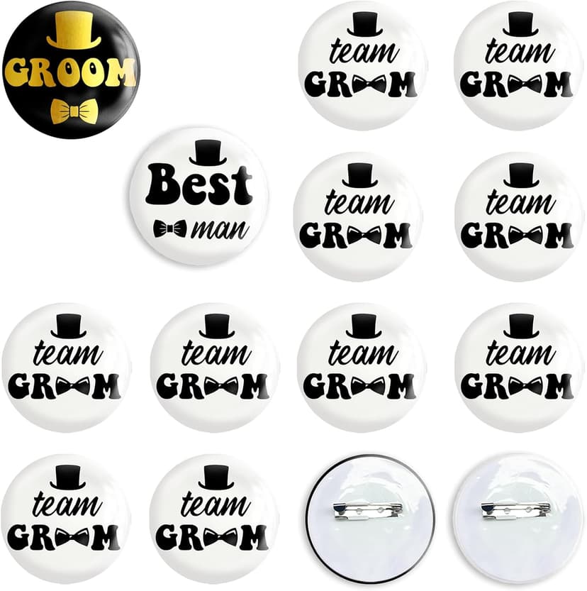 12 Pcs Bachelor Party Buttons Pins Set - Black Gold Groom Button, White Black Best Man Button and Team Groom Button Pins for Bachelor Party Supplies, Decorations, Ideas, Gifts, Jokes and Favors