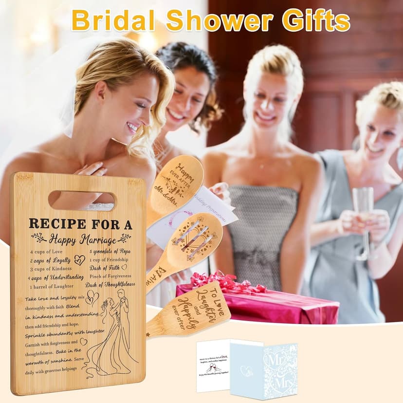 Bride to Be Gifts, Happy Marriage Wedding Cutting Board, Spoon, Shovel, Leaky Spoon and Card, Engagement Gifts for Couples Wedding Gifts for Couples 2026, Bridal Shower Gifts Cutting Board Set B0HCVGS2TF