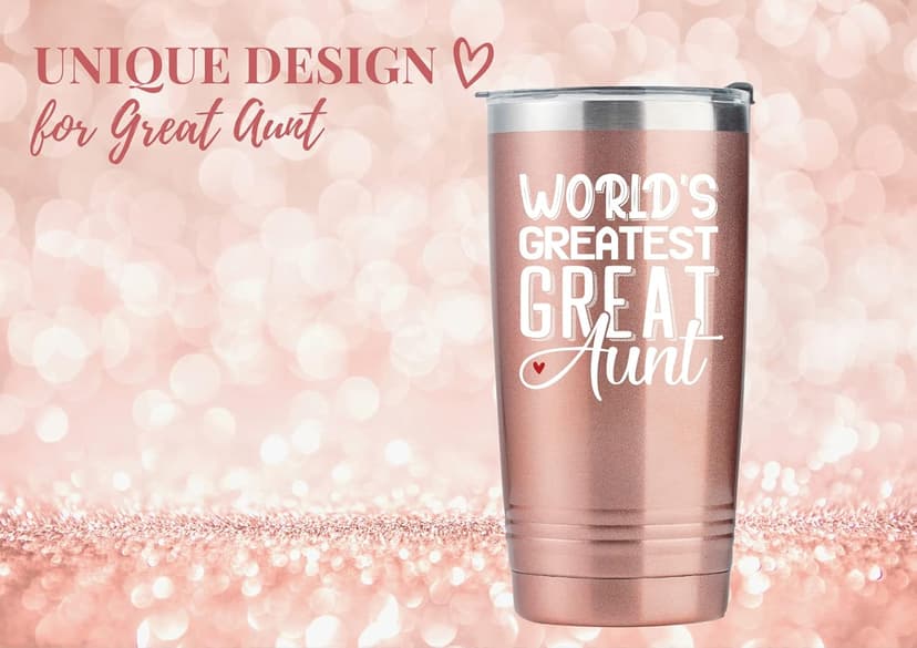 Onebttl Great Aunt Gifts from Niece, Nephew, Insulated Stainless Steel Wine Tumbler with Lid and Straw, Auntie Gifts for Mother’s Day, Birthday, Christmas, 20 oz, Rose gold, World's Greatest Great