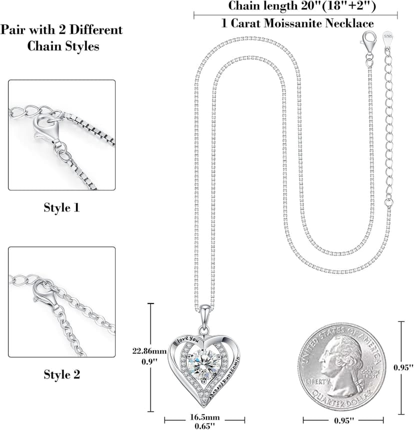 Moissanite Necklace for Women, 1-3 Carat Heart Pendant Necklace, 925 Sterling Silver, Anniversary Present for Wife, Women, Birthday Gifts for Wife, Jewelry Gifts for Christmas, Valentine's Day