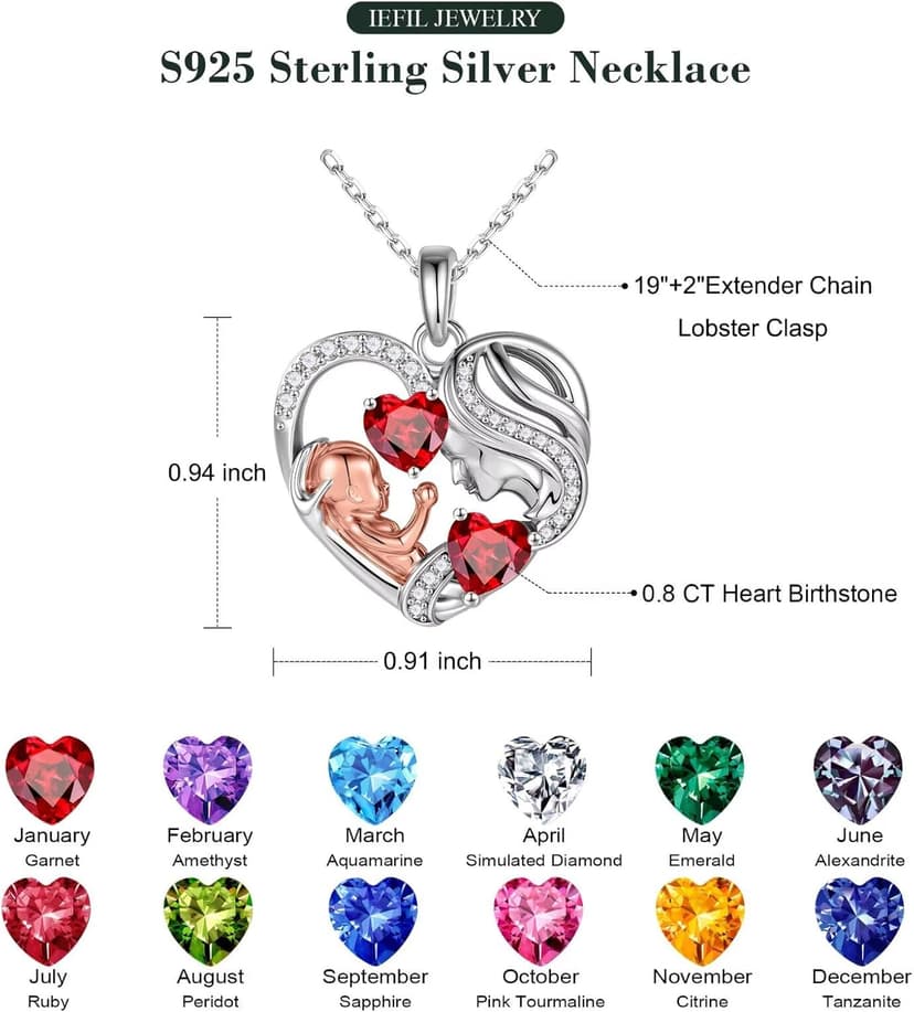 Iefil Christmas Gifts for Mom - 925 Sterling Silver Double Birthstone Necklace, First Mothers Day Gifts for New Mom Jewelry
