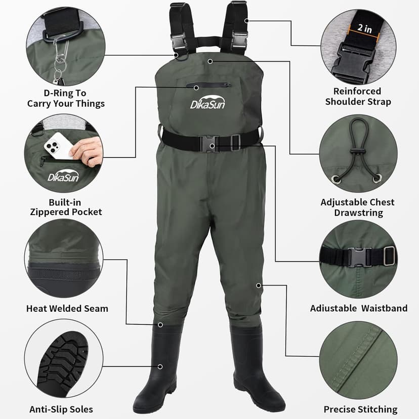 DikaSun Fishing Waders for Men & Women, Waterproof 2-Ply Nylon/PVC Chest Wader with Boots for Outdoor Sizes 4-13 Bootfoot
