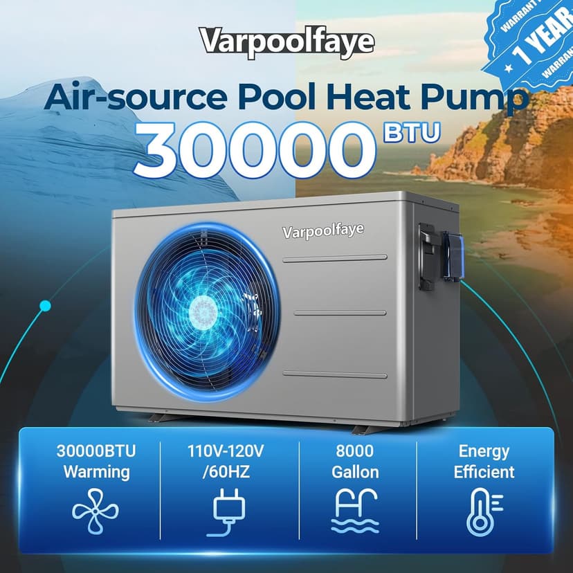 30,000 BTU Electric Pool Heater for Above Ground Pool Swimming Pool Heat Pump Inground Pool Heater 120V 8,000 Gallon Heating or Cooling WiFi Control Schedule