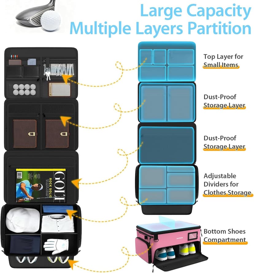 4-Layer Golf Trunk Organizer, Golfer Gifts for Women with Separate Ventilated Compartment for 2 Pairs Shoes, Waterproof Car Golf Locker Storage Bag for Golf Gear and Accessories,Pink