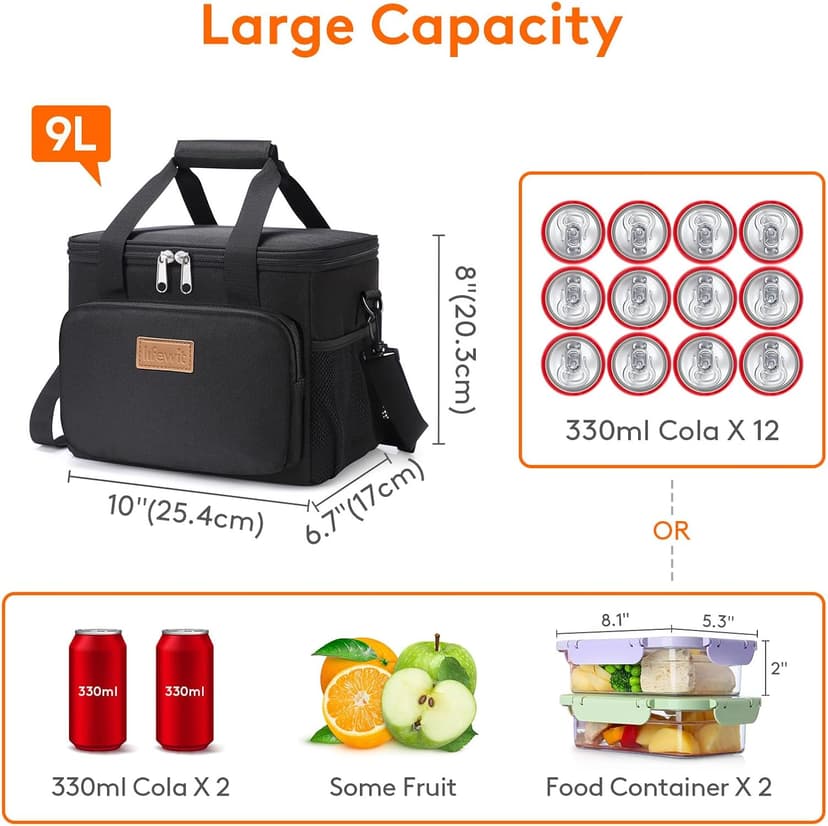Lifewit Medium Lunch Bag Insulated Lunch Box Soft Cooler Cooling Tote for Adult Men Women, Black 12-Can (9L)