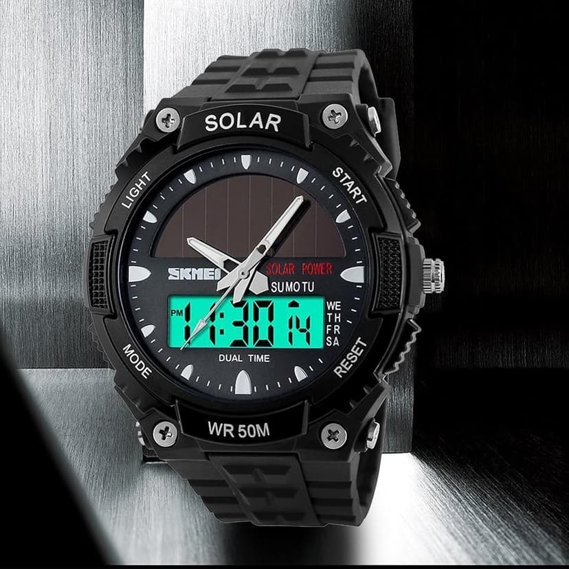 FANMIS Men's Solar Powered Casual Quartz Wrist Watch Analog Digital Multifunctional Black Sports Watch