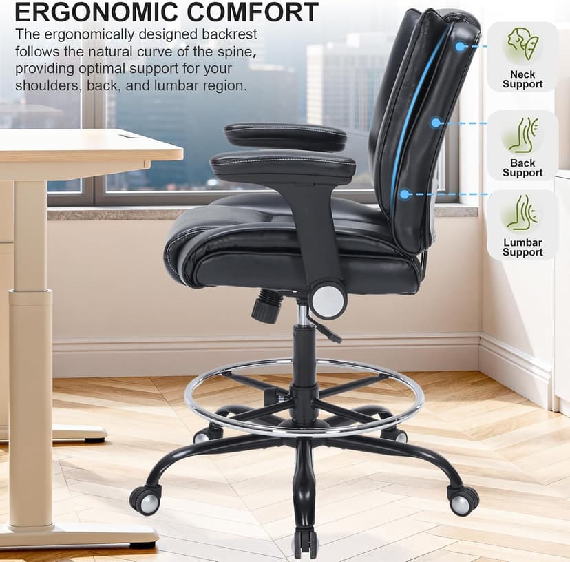 Office Drafting Chair, Tall Desk Chair with Adjustable Armrests and Footrest Ring PU Leather Standing Desk Chair with Extra Thicken Seat Cushion, Comfy High Office Chair for Counter Height Desk, Black