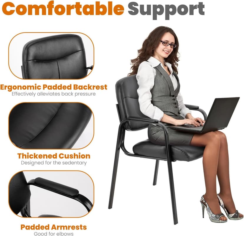 Sweetcrispy Office Reception Guest Chair No Wheels Set of 2, Leather Stationary Waiting Room Chairs with Padded Arms for Elderly Desk Conference Room Lobby Table Side Salon, Inky