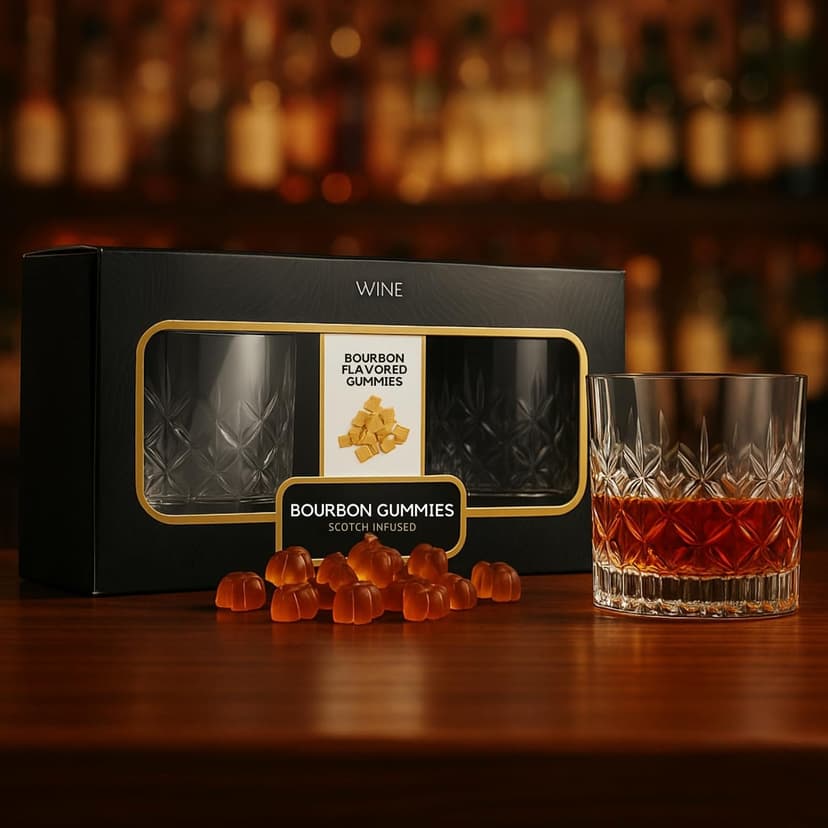 Bourbon Gummy Gift Set with 2 Whiskey Glasses – Bourbon-Flavored Candy Bears & Crystal Lowball Glasses – Father’s Day Gift for Whiskey & Scotch Lovers, Dad, Husband, or Him – Tasting Set