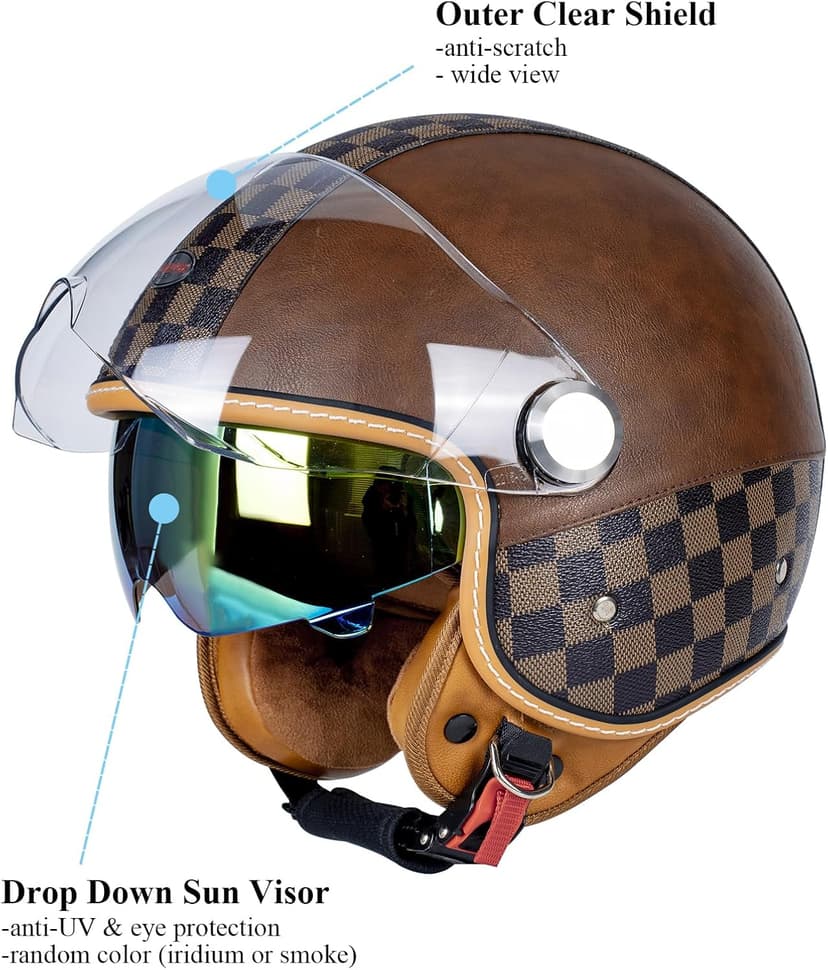 Dual Visor 3/4 Open Face Motorcycle Helmet for Men & Women, DOT Approved Unisex Retro Half Helmet,Motorbike Casco for Moped Cruiser Bobber and Chopper