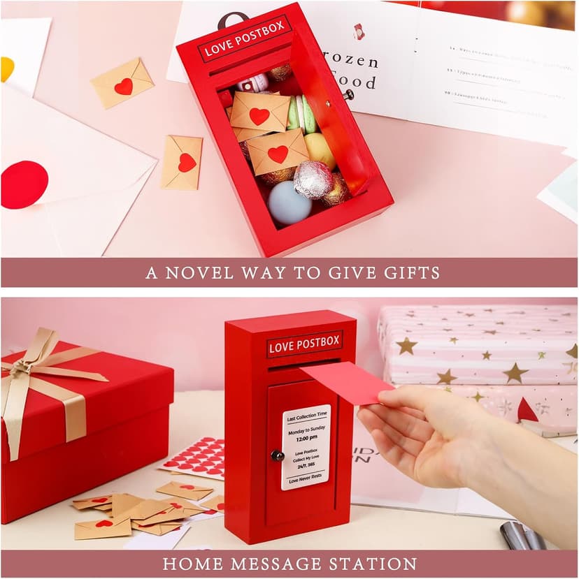 Red Wooden Mailbox, Interactive Opening Door, Cute Christmas Anniversary Valentines Day Gifts for Him Husband Boyfriend Romantic Wooden Love Postbox Set, 50 Mini Love Notes and Envelopes B0DQVG86TF