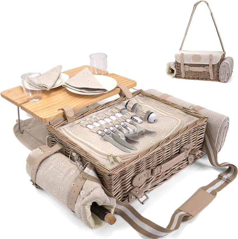 Multifunctional Wicker Picnic Basket Set for 2 with Blanket and Picnic Table, Insulated Picnic Set with Full Tablewares for Camping Outdoor Couples, Flowers B0D4Q11DMV