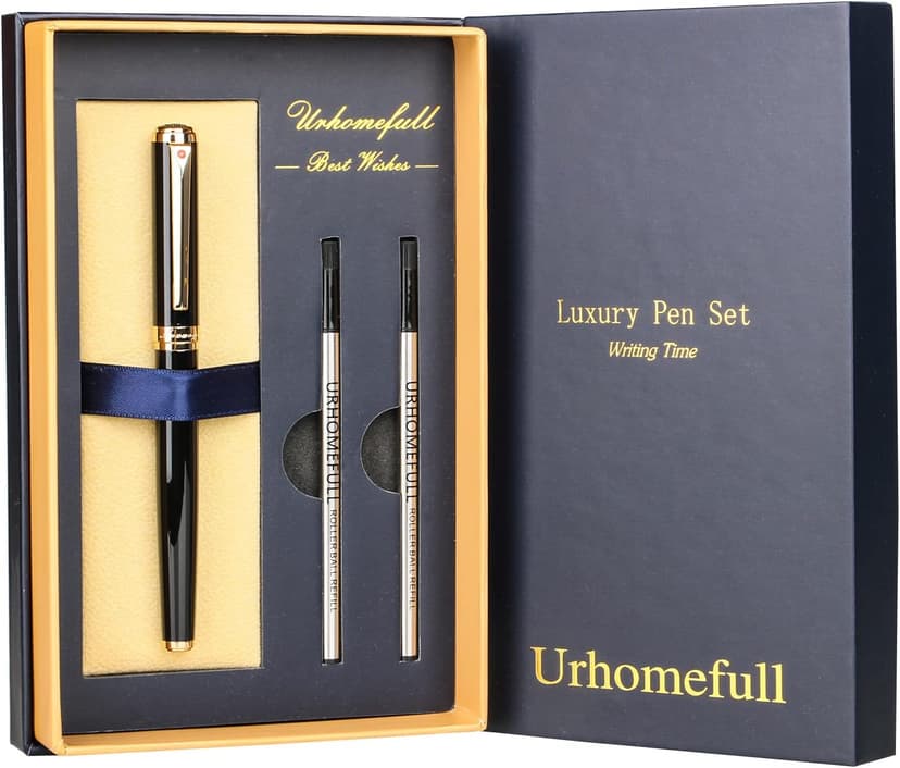 Stunning Luxury Rollerball Pen with 24K Gold Trim,Switzerland Tip with Black Ink Refills, Perfect BallPonit Pen Gift Set for Men Women, Fancy Writing Set for Business,Gloss Black