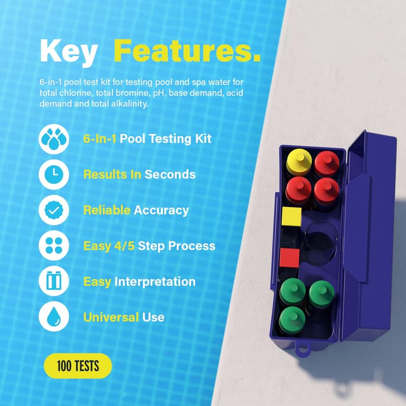 Lupo 6-in-1 Pool Test Kit | Pool Testing Kit for Residential Swimming Pools & Spas for Testing Total Chlorine, Total Bromine, pH, Base Demand, Acid Demand & Total Alkalinity Quick & Accurate Testing