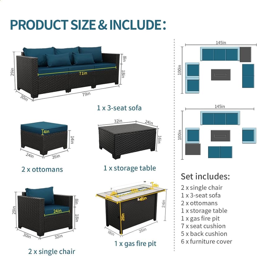 Outdoor Patio Furniture 60000 BTU Outdoor Propane Fire Pit Table Patio Furniture Set 45 In Outdoor Fire Pits 7 Pieces Patio Sofa Outdoor Chairs Anti-slip Cushions Waterproof Covers, Peacock Blue