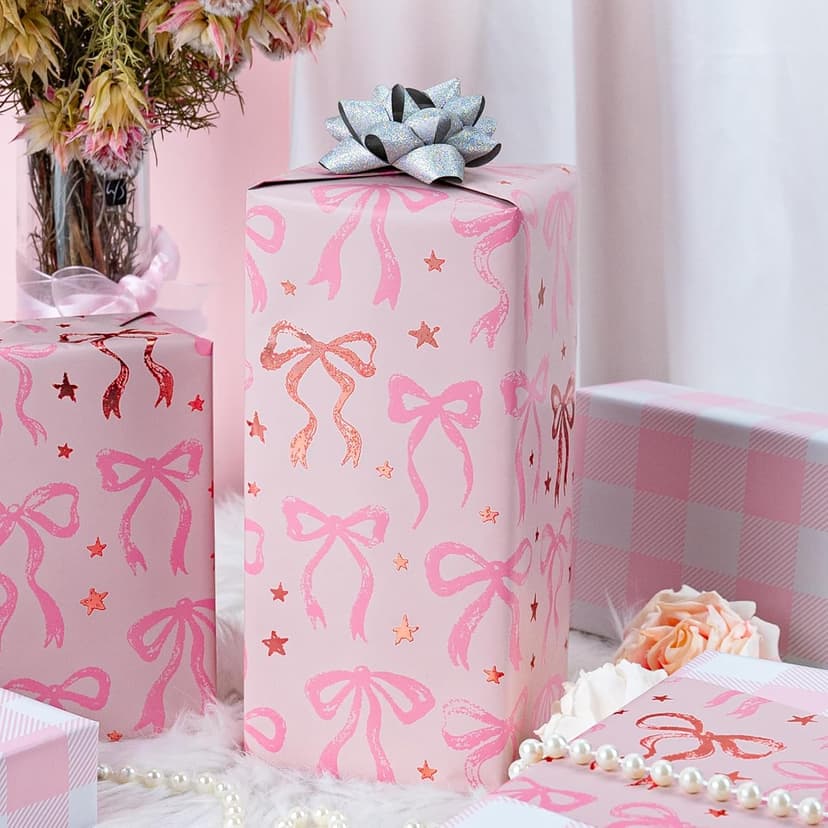 Reversible Plaid Gift Paper for Girl Baby Shower, Birthday, Wedding, Bridal Shower, Memorial Day, 17 Inch x 33 Feet MAYPLUSS Pink Wrapping Paper Roll, Cute Bow Gift Wrap B0DXV62X5W