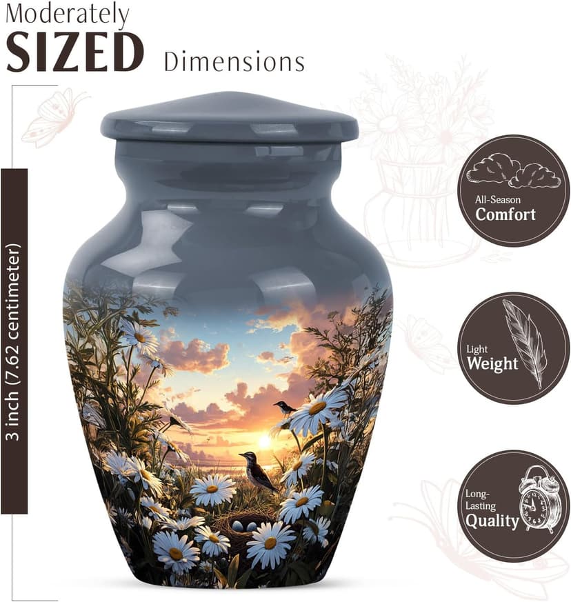 Daisies Flower Urn - Mini Urns for Ashes for Women - Companion Urn for Husband & Wife - Decorative Sunset Urns for Human Ashes Dad - Mom Cremation & Burial - 3 Inch B0GRVFZDP2