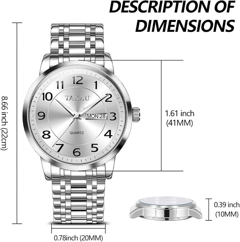 Taxau Watches for Men Stainless Steel Waterproof Two Tone Luxury Casual Silver Wrist Watch Quartz Analog Business Big Face Classic Dress Mens Watches with Day Date