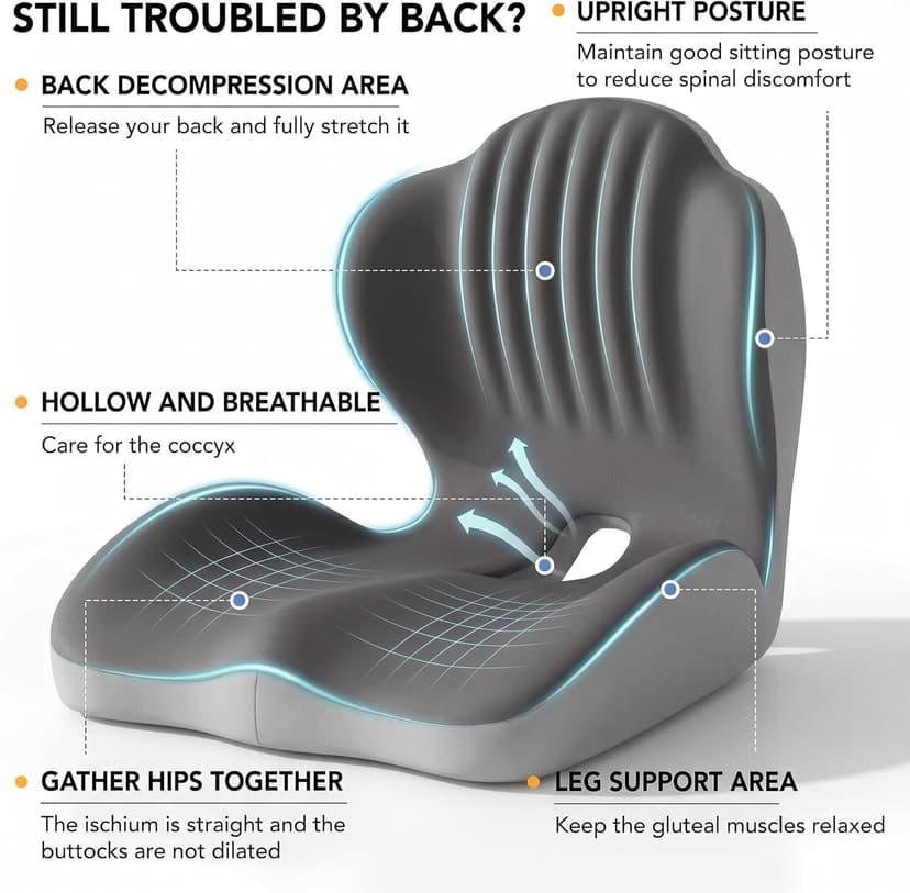 Ergonomic Office Chair Seat Cushion, L-Shaped Memory Foam Coccyx Cushion for Tailbone Pain Relief, Orthopedic Car Seat Cushion with Lumbar Support & Cutout Hollow for Sciatica & Back Pain (Grey