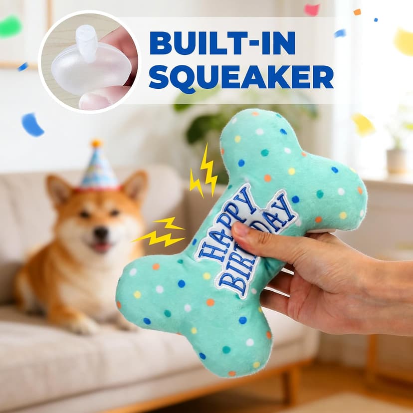 PrimePets Dog Birthday Toys, Plush Dog Squeaky Toys, Stuffed Puppy Chew Toy for Small Medium Large Dogs, Bone Pet Toy B09C5RZ8DT