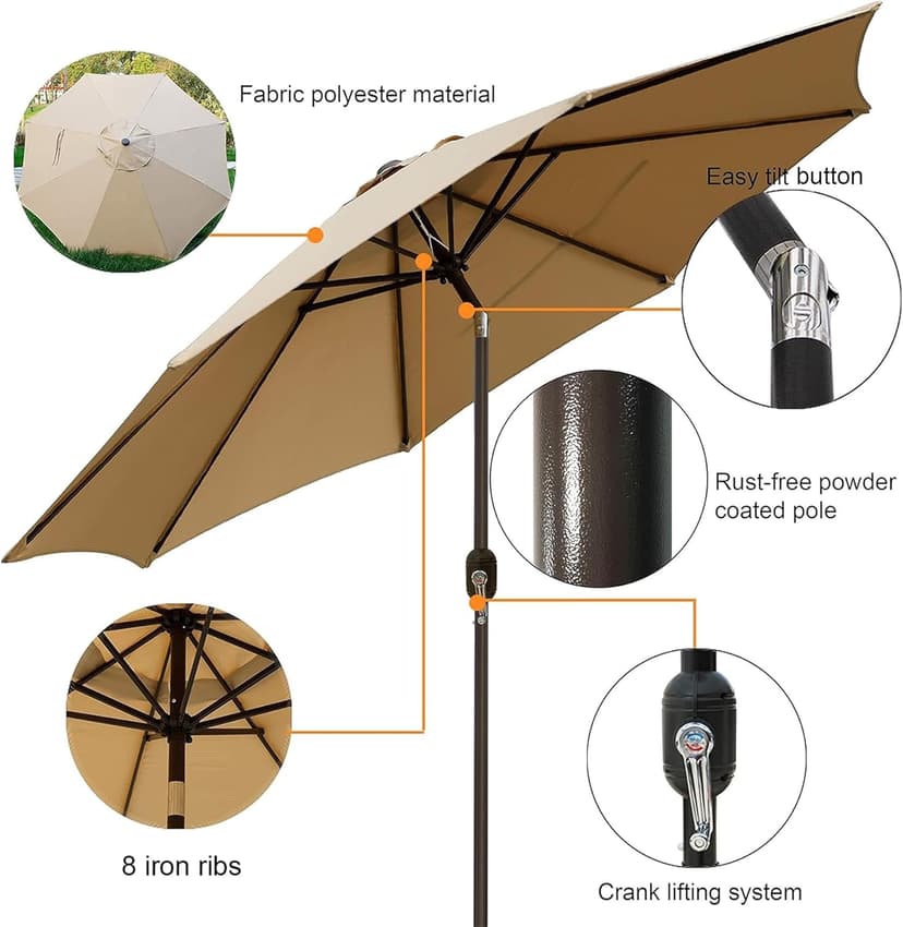 Blissun 9' Outdoor Patio Umbrella, Outdoor Table Umbrella, Yard Umbrella, Market Umbrella with 8 Sturdy Ribs, Push Button Tilt and Crank
