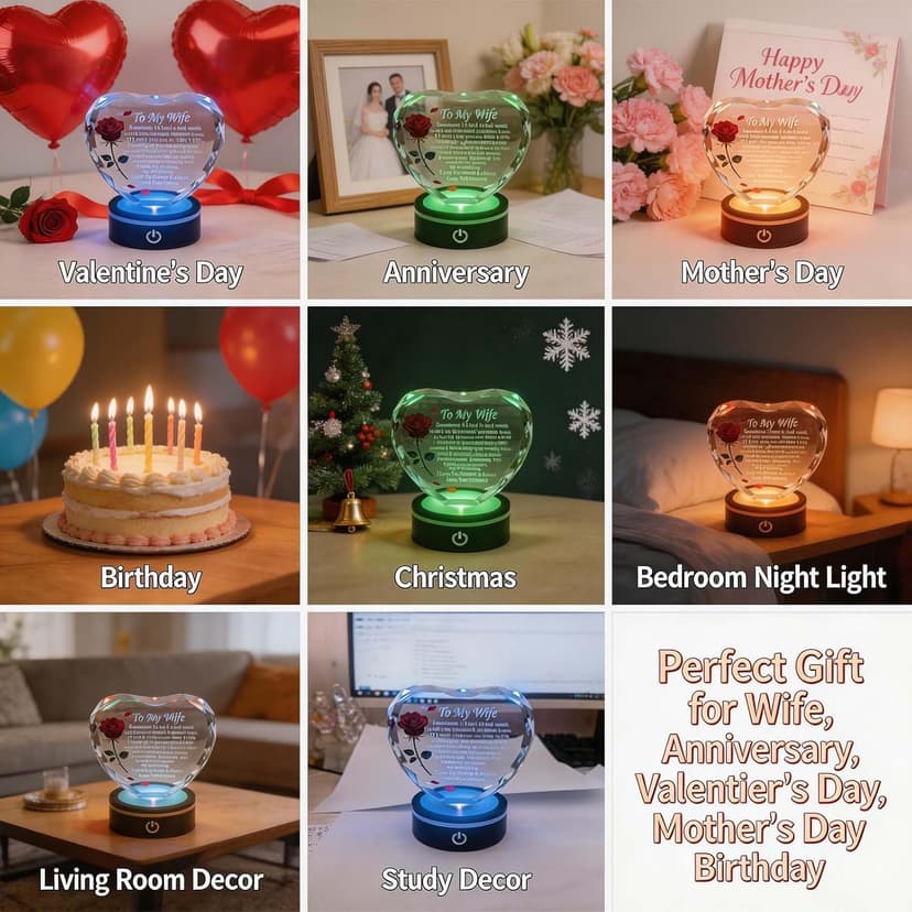 Wedding Anniversary Birthday Christmas Valentine's Day Gift from Husband, To My Wife, K9 Crystal, Color Changing LED Romantic Gifts for Wife Crystal Heart Rose Keepsake LED Base B0GV7TXQF4